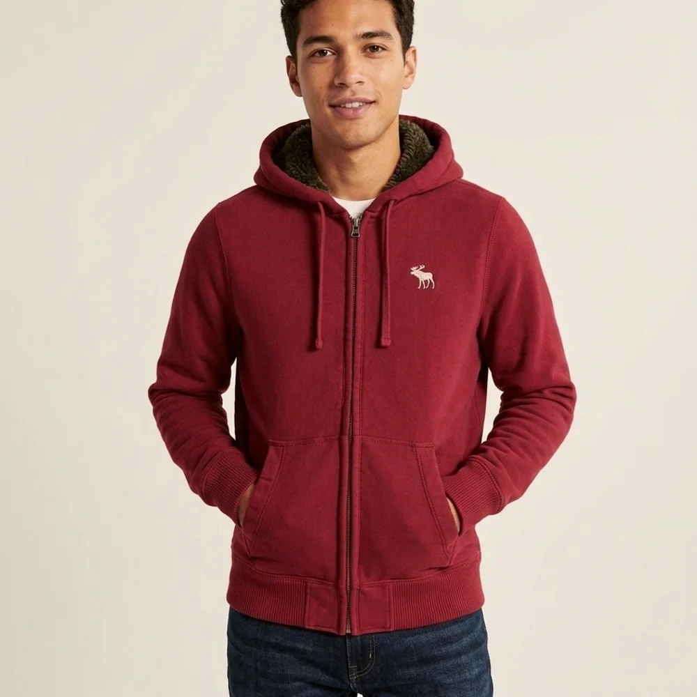 Vintage Abercrombie & Fitch Burgundy Hooded Sweatshirt Faux Fur Lining Rare. - Picture 2 of 9